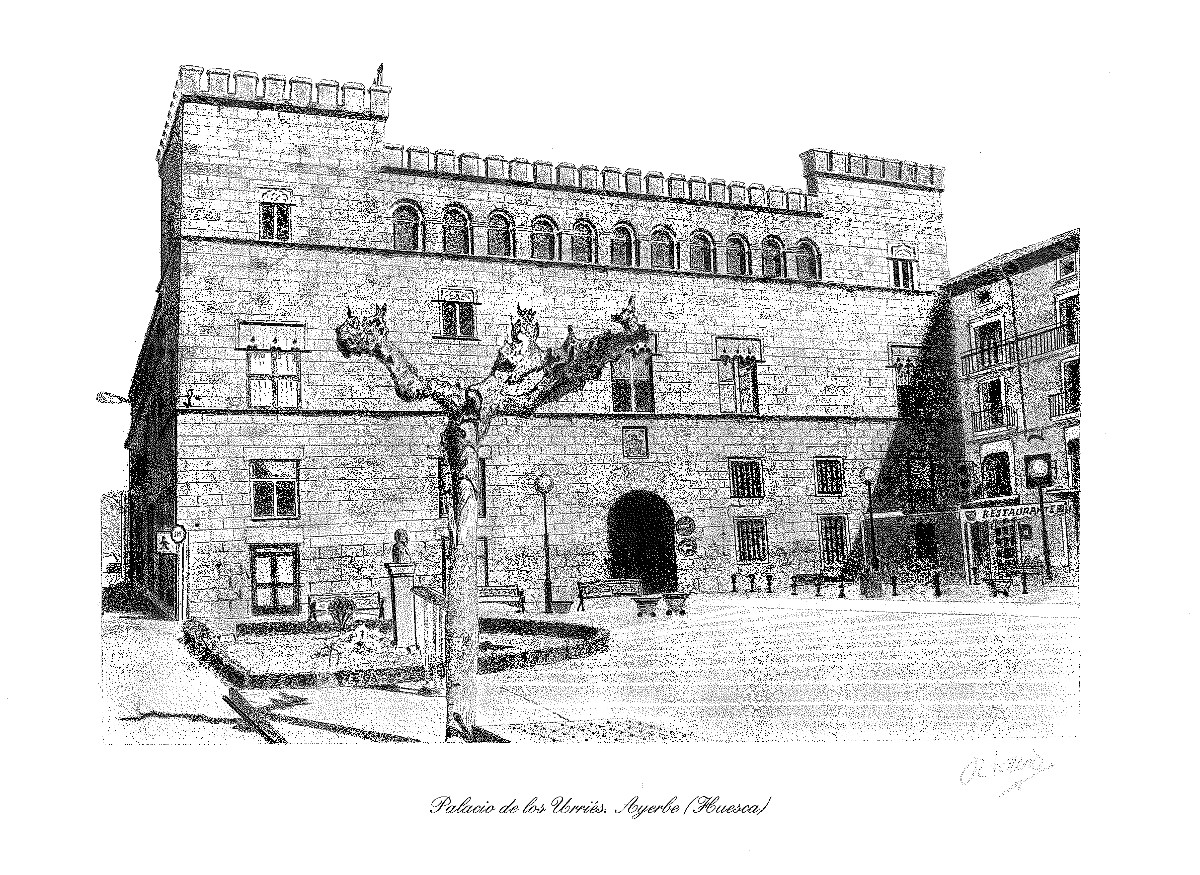 Palacio de los Urriés de Ayerbe en el año 1952. Dibujo: Octavio Piedrafita.
